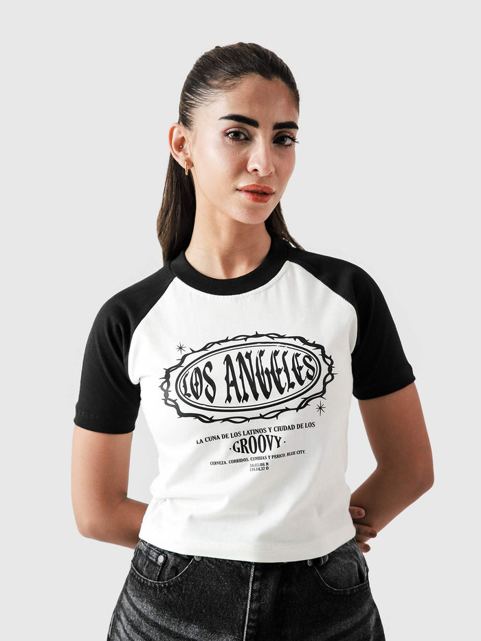 LA baby tee female model back view contrast sleeve crop tee Pakistan – GROOVY