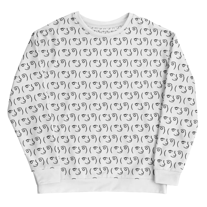A stark, high-contrast design engulfs the **optic white** base with a relentless pattern of a mischievous typographic emoticon (kaomoji). Contact us with accessibility feedback, we'd love to help!