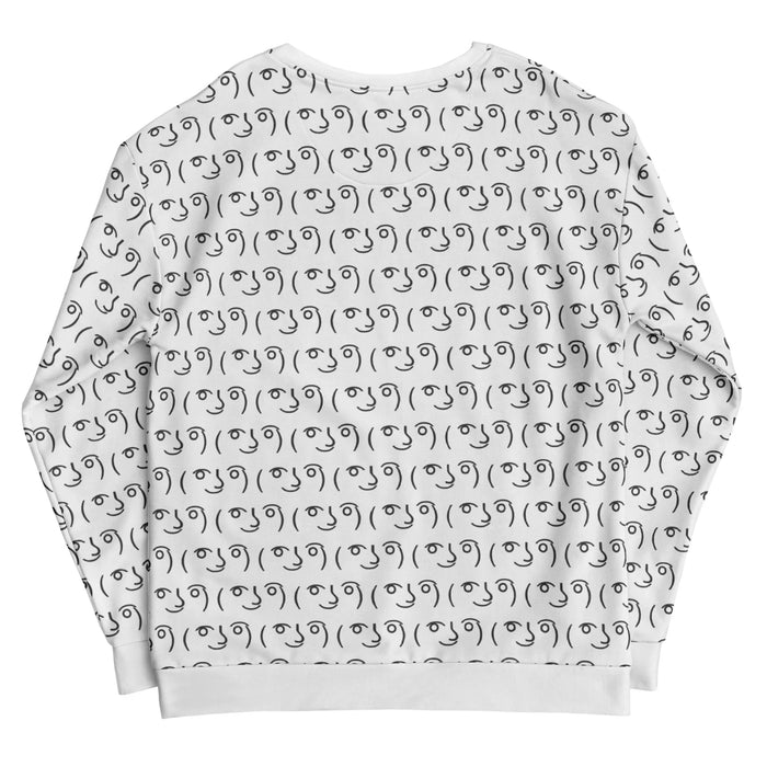 Lenny Face Sweatshirt - The iconic arrangement of curved parenthesis eyebrows, circular eyes, and smirking mouth line forming (͡° ͜ʖ ͡°), rendered in deep jet black (#000000) against an optic white base (#FFFFFF) for maximum contrast and optical density.