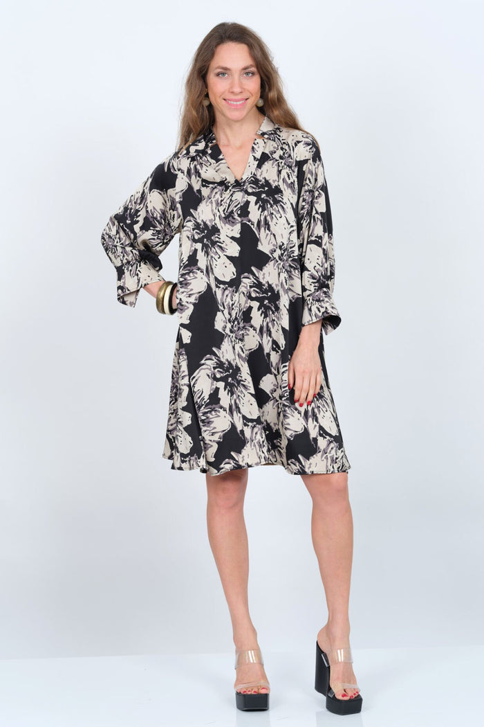 LIOR Women's Black & Beige V-Neck Floral Slip On Dress - "Angel" #1