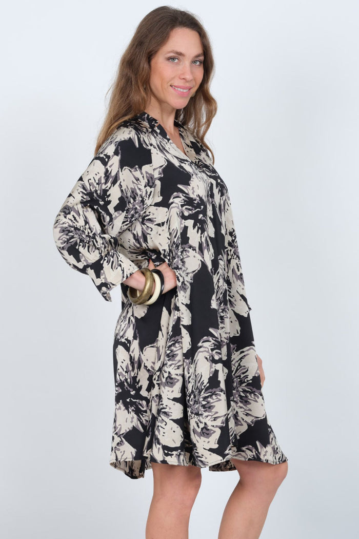 LIOR Women's Black & Beige V-Neck Floral Slip On Dress - "Angel" #1