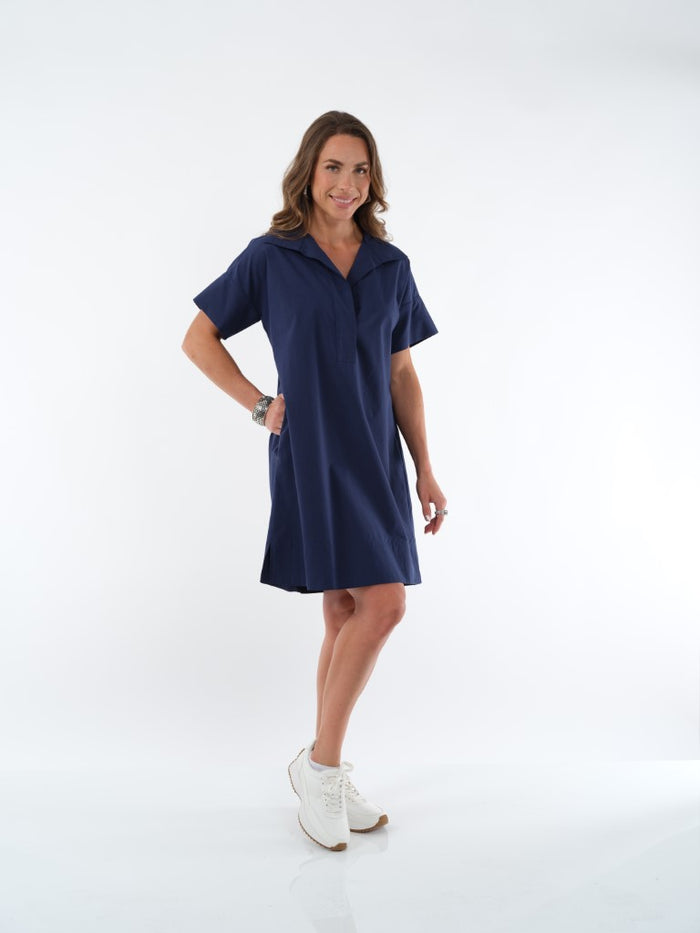 LIOR Women's Cotton Short Sleeve Knee Length Dress With Collar Side Pockets - "Agnes"