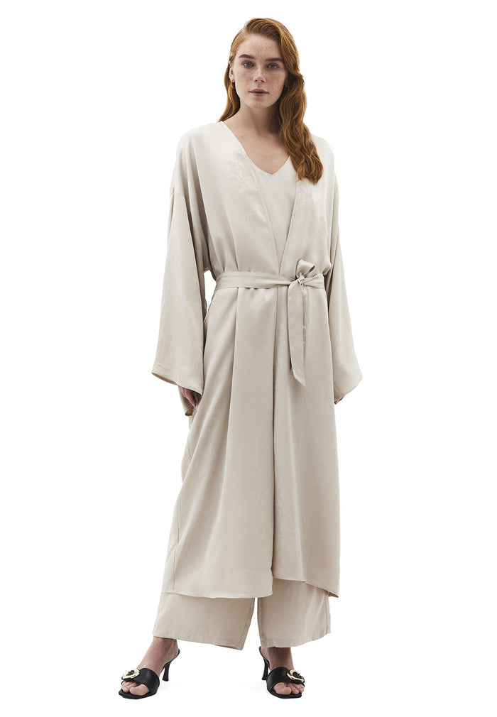 Long Embroidered Detail Oversize Kimono - FEATHER GRAY