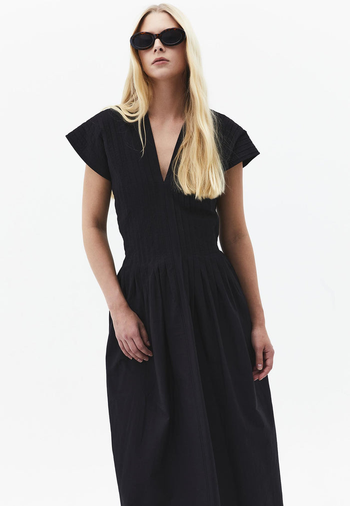 Long Flared V-Neck Dress - BLACK