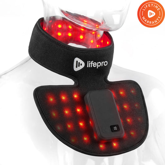 LifePro Luminova Pro red light therapy neck and chest wrap on a mannequin, showing illuminated red LEDs and control unit