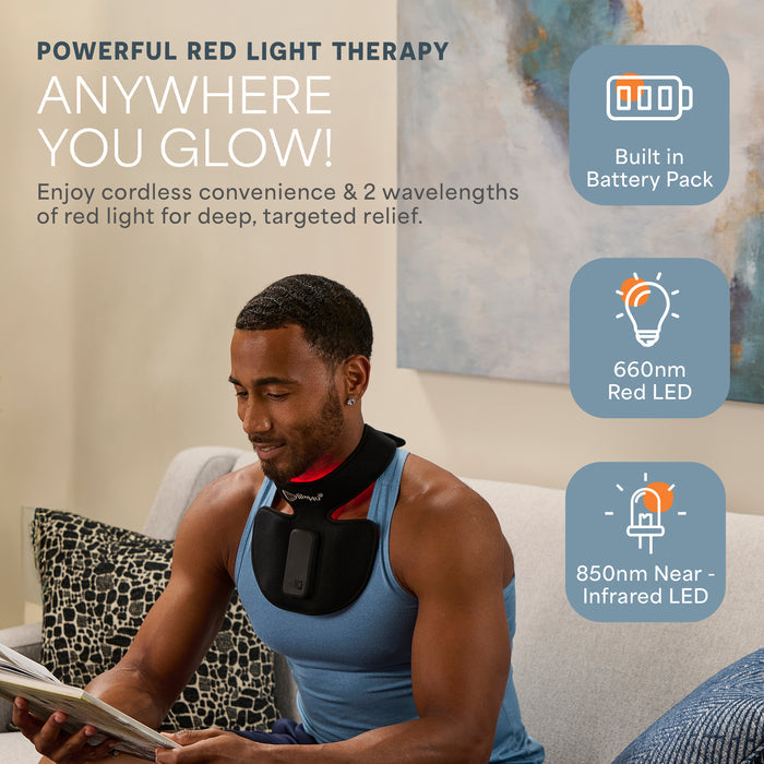 Infographic on cordless red light therapy with built-in battery, 660nm red LED, and 850nm near-infrared LED, with a man wearing the wrap while reading
