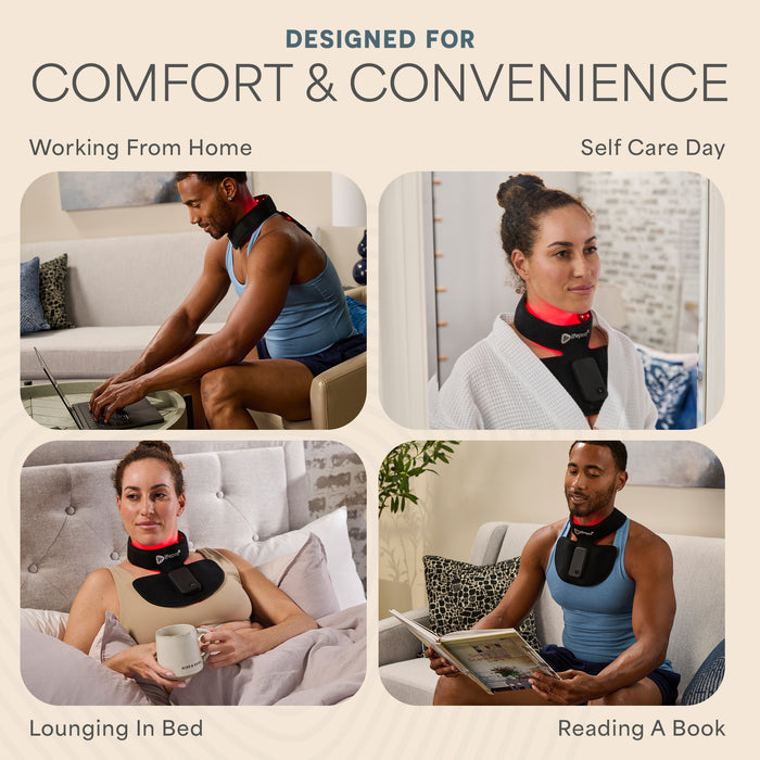 Four lifestyle photos of the Luminova Pro wrap in use: working from home, self-care day, lounging in bed, and reading a book