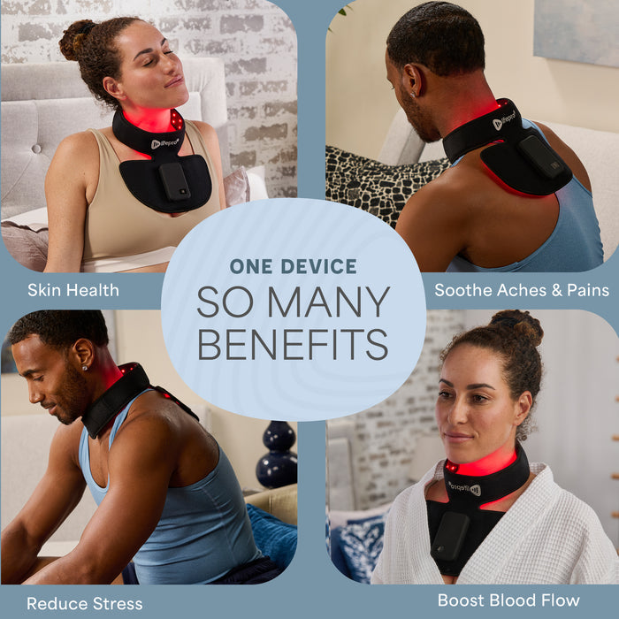 Four lifestyle photos illustrating benefits of the Luminova Pro: skin health, soothing aches and pains, stress reduction, and improved blood flow