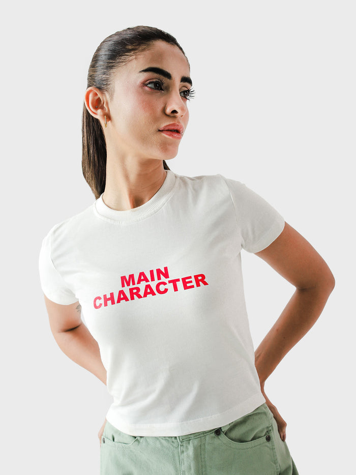 Main Character baby tee female model full body front view bold red graphic Pakistan – GROOVY