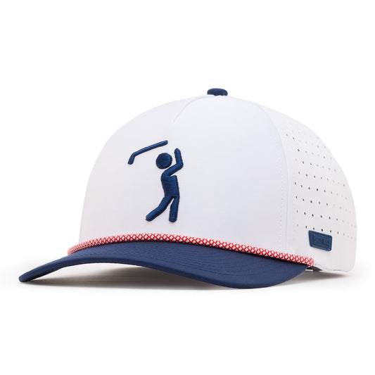 A white baseball cap with a blue brim and red-and-white trim along the edge. The front features a blue embroidered figure swinging a golf club. The sides have small ventilation holes, and a small blue tag is on the left side.