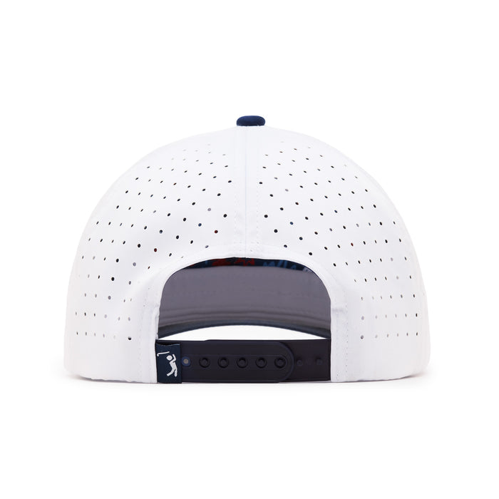 A white baseball cap viewed from the back, featuring evenly spaced ventilation holes and a black adjustable snapback strap. There is a small logo of a swinging golfer on the left side of the strap. The inside of the cap is partially visible.