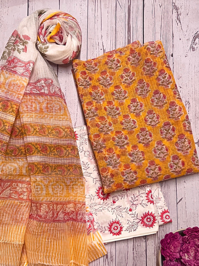 Mango yellow motif printed kota kurta set