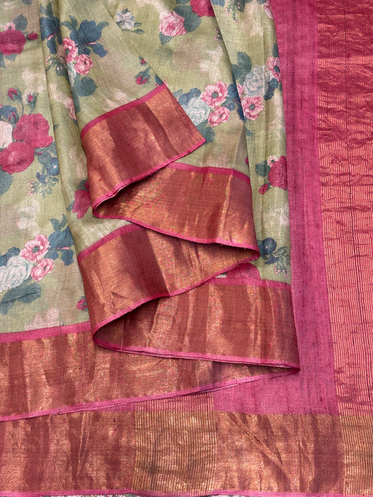 Maya Rosebud Tussar Saree - Pastel Green