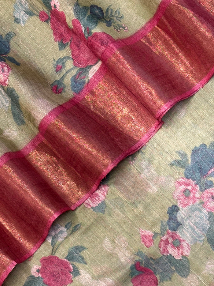 Maya Rosebud Tussar Saree - Pastel Green