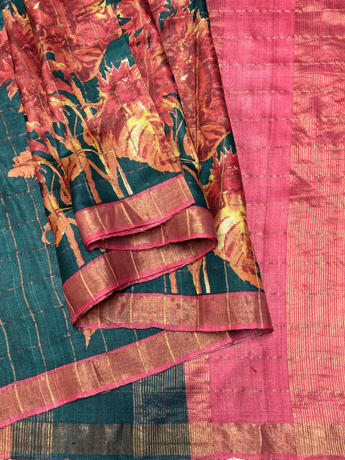 Maya Sapling Tussar Saree - Dark Green and Coral