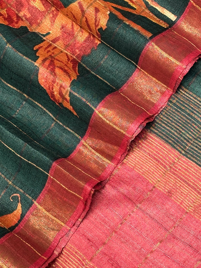 Maya Sapling Tussar Saree - Dark Green and Coral