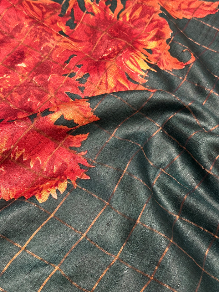 Maya Sapling Tussar Saree - Dark Green and Coral
