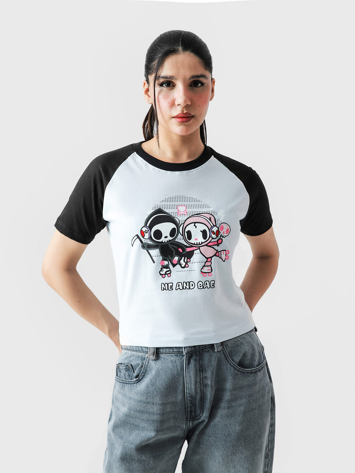 Me and Bae baby tee female model back view crop tee Pakistan – GROOVY