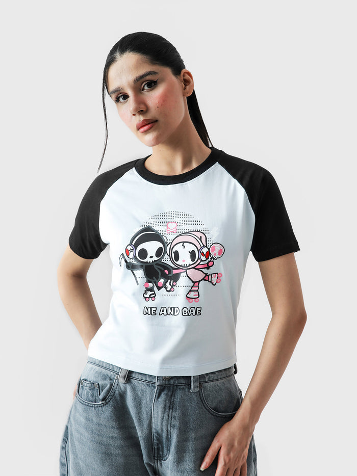 Me and Bae baby tee female model full body front view cartoon graphic crop Pakistan – GROOVY