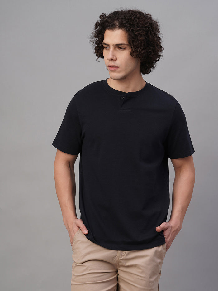 Men's 100% Cotton Half Button Round Neck T Shirt Navy