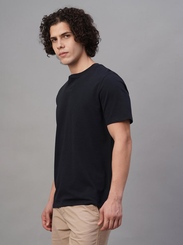 Men's 100% Cotton Half Button Round Neck T Shirt Navy