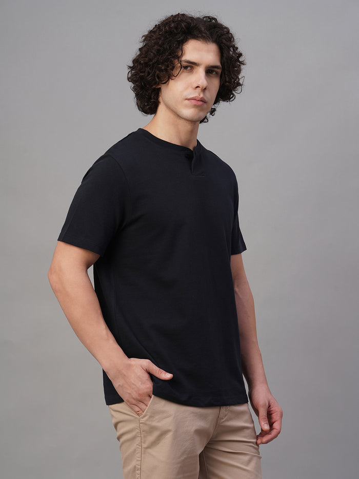 Men's 100% Cotton Half Button Round Neck T Shirt Navy