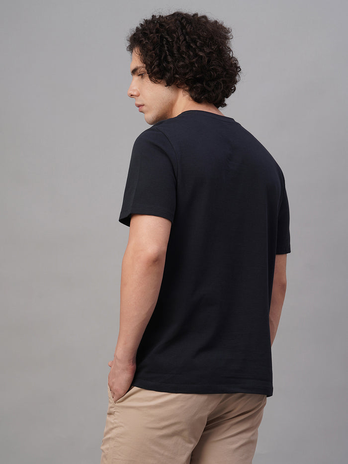 Men's 100% Cotton Half Button Round Neck T Shirt Navy