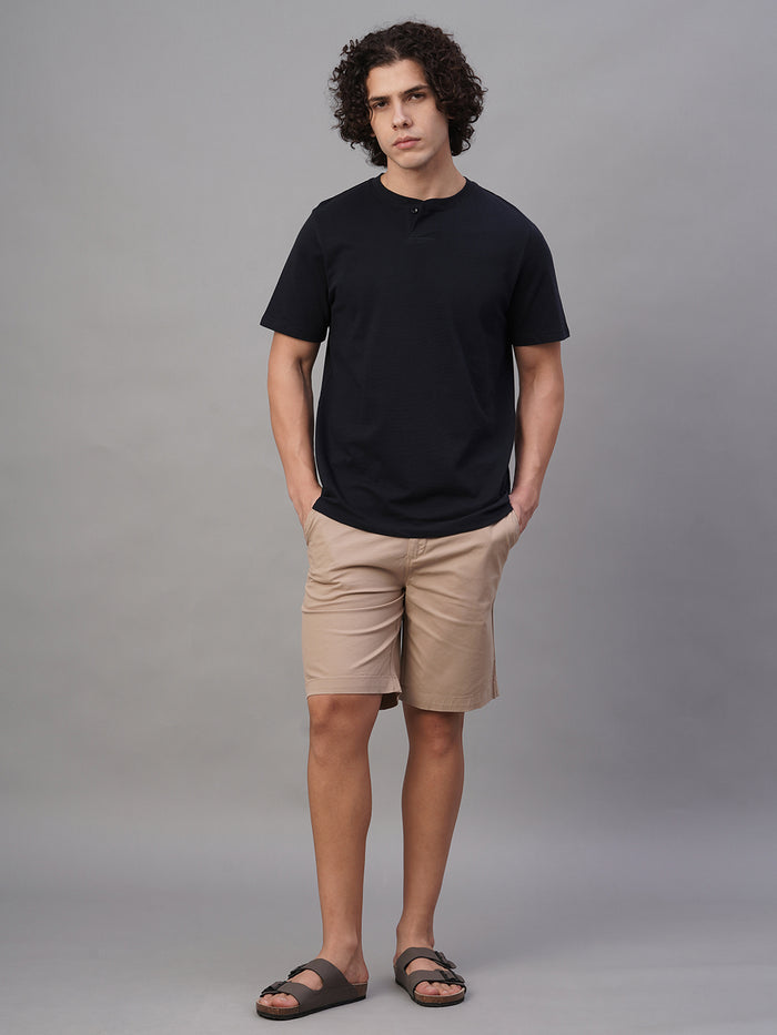 Men's 100% Cotton Half Button Round Neck T Shirt Navy