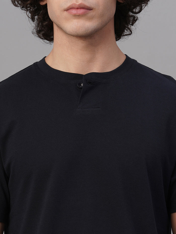 Men's 100% Cotton Half Button Round Neck T Shirt Navy
