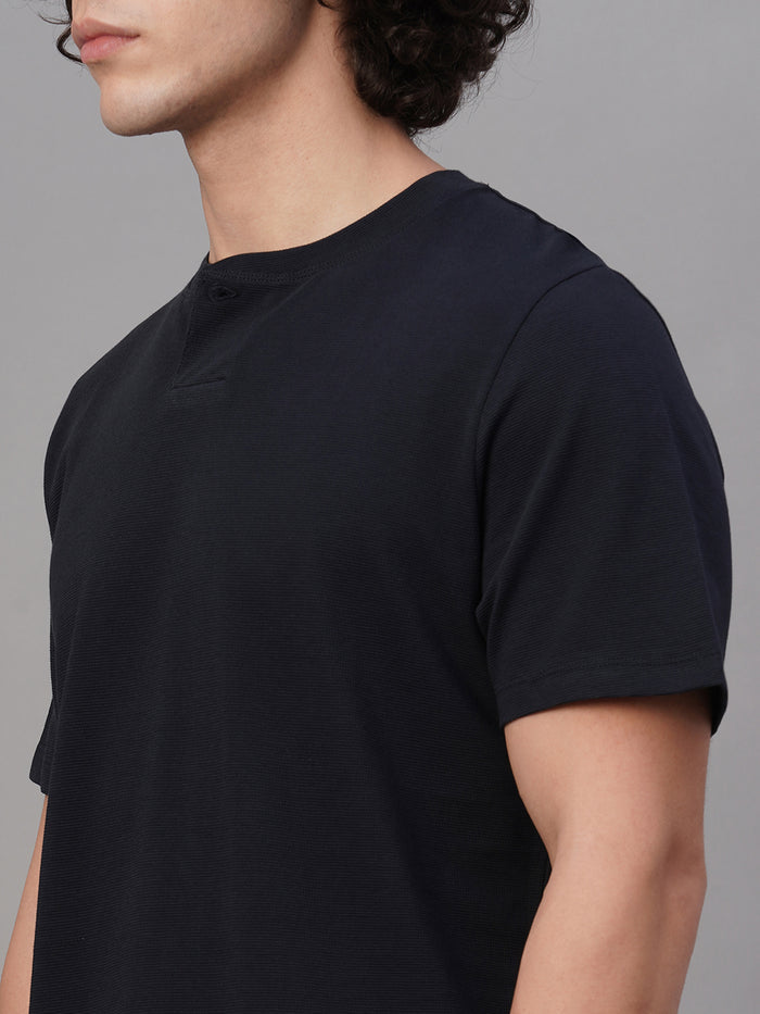 Men's 100% Cotton Half Button Round Neck T Shirt Navy