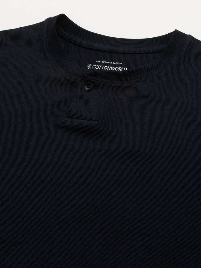 Men's 100% Cotton Half Button Round Neck T Shirt Navy