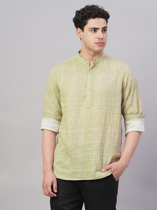 Men's 100% Cotton Regular Fit Band Collar Shirt Khaki