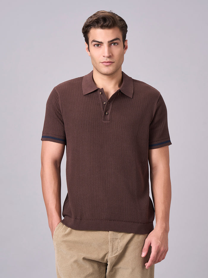 Men's 100% Cotton Ribbed Polo T Shirt Brown