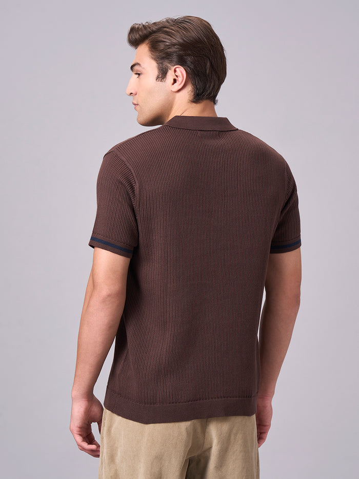 Men's 100% Cotton Ribbed Polo T Shirt Brown