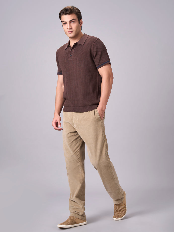 Men's 100% Cotton Ribbed Polo T Shirt Brown