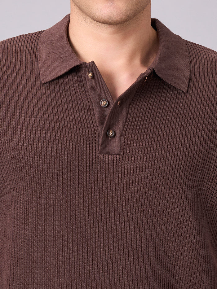 Men's 100% Cotton Ribbed Polo T Shirt Brown