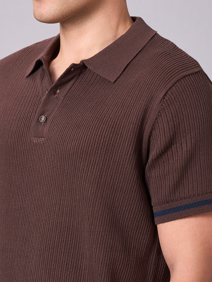 Men's 100% Cotton Ribbed Polo T Shirt Brown