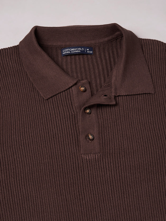 Men's 100% Cotton Ribbed Polo T Shirt Brown