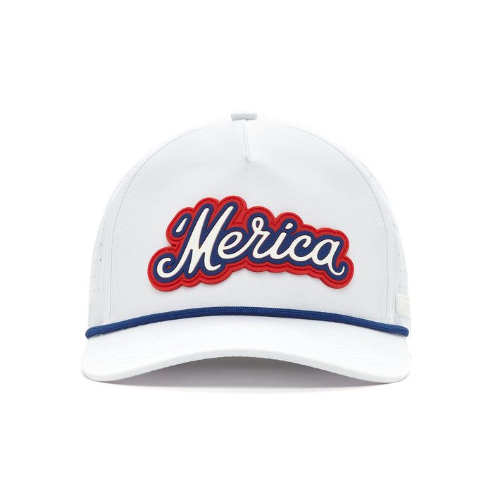The 'Merica - Performance Golf Hat - Snapback is a white cap with "Merica" embroidered in red and white cursive, outlined in blue. Made from sweat stain resistant material, it has a white brim with a thin blue line and is shown facing forward on a white background.