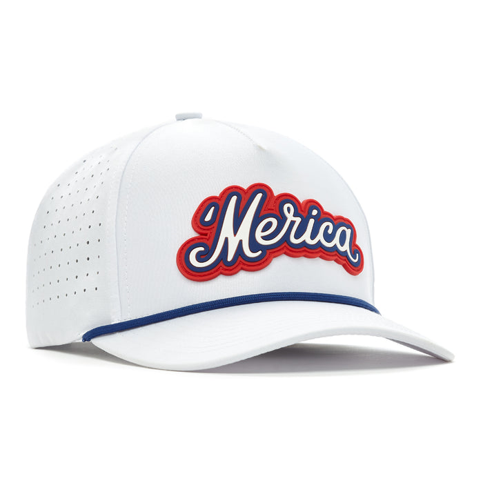 The 'Merica - Performance Golf Hat - Snapback is a white cap with a blue and red "Merica" patch, blue brim accent, ventilation holes, and sweat stain-resistant material.