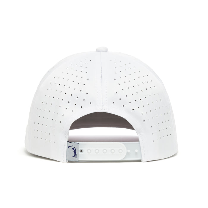 The 'Merica Performance Golf Hat is a white snapback cap made from sweat stain resistant material, shown from the back. It has an adjustable white strap with a small blue logo on the left and no visible branding on top.