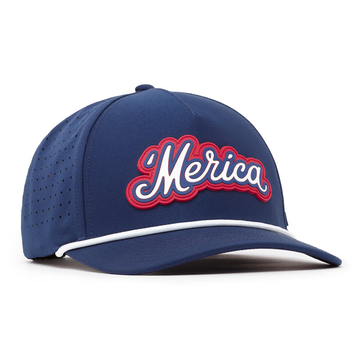 The Bogey Bros 'Merica Navy Performance Golf Rope Hat is a snapback with "Merica" in bold script, features ventilation holes, a white rope above the curved brim, and is crafted from performance material.