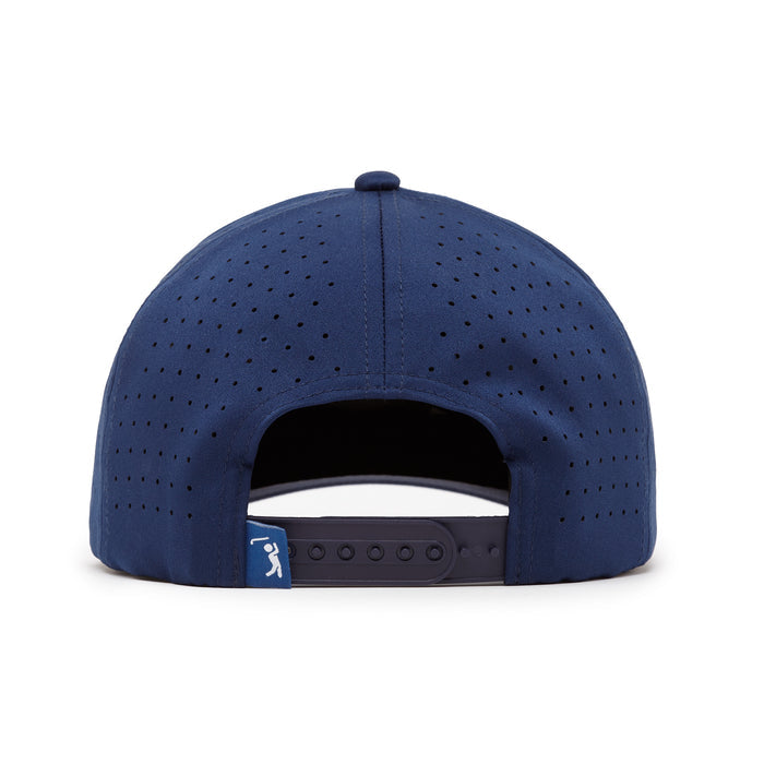 The Bogey Bros 'Merica Navy Performance Golf Rope Hat is a navy snapback cap with small ventilation holes, an adjustable black closure, and a blue tag featuring a white logo near the back.