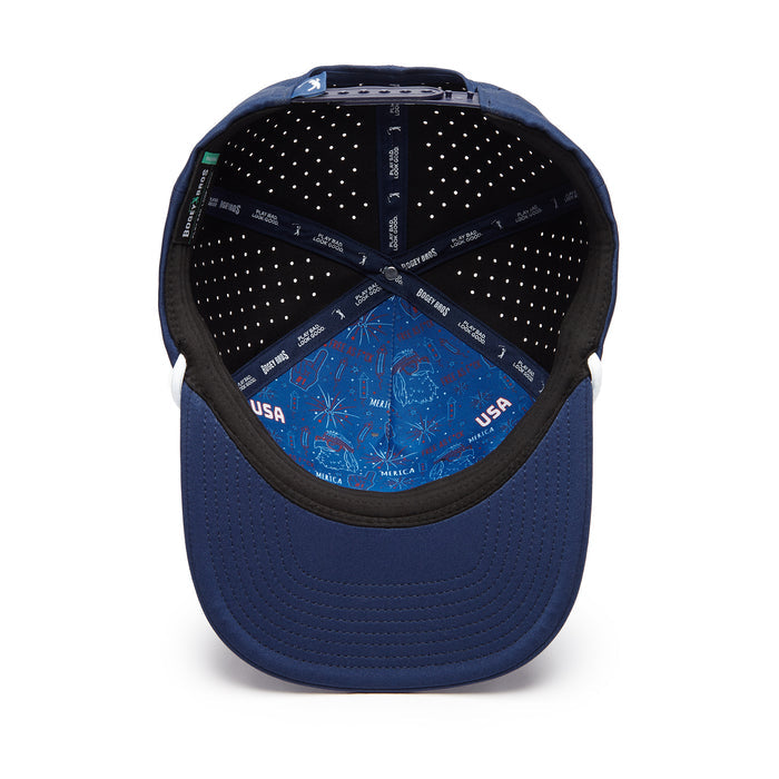 The Bogey Bros 'Merica Navy Performance Golf Rope Hat - Snapback is shown from above, revealing its interior with performance material, black strips with white text, perforated panels, blue sweatband, and "USA" graphics.