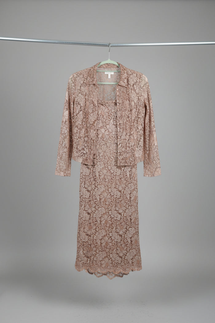 Monsoon Ladies Gold Sequin Spaghetti Strapped Dress and Jacket Size 12 In Excellent Used Condition