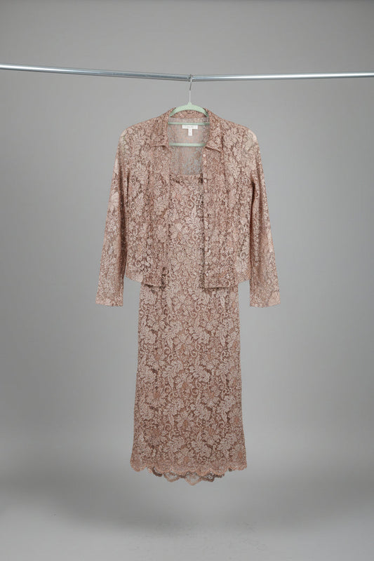 Monsoon Ladies Gold Sequin Spaghetti Strapped Dress and Jacket Size 12 In Excellent Used Condition