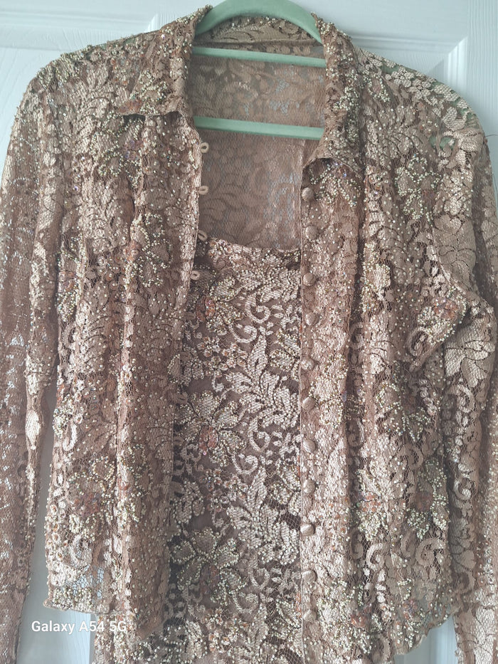 Monsoon Ladies Gold Sequin Spaghetti Strapped Dress and Jacket Size 12 In Excellent Used Condition