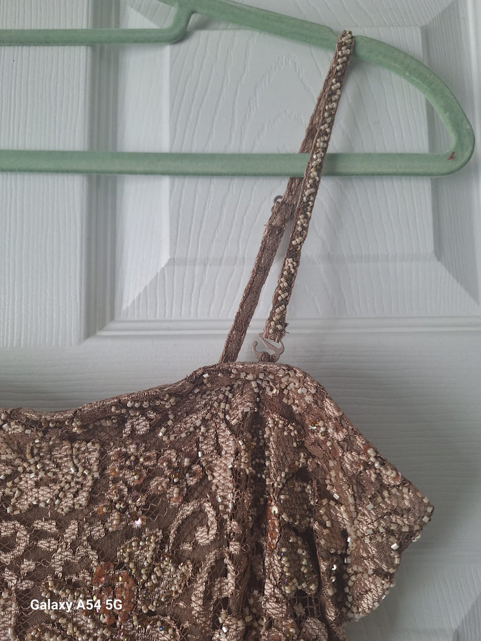 Monsoon Ladies Gold Sequin Spaghetti Strapped Dress and Jacket Size 12 In Excellent Used Condition