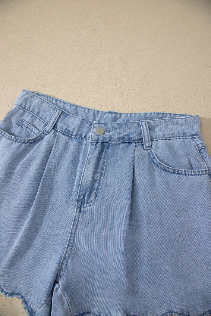 Myosotis Solid Color Scalloped Trim Casual Denim Shorts