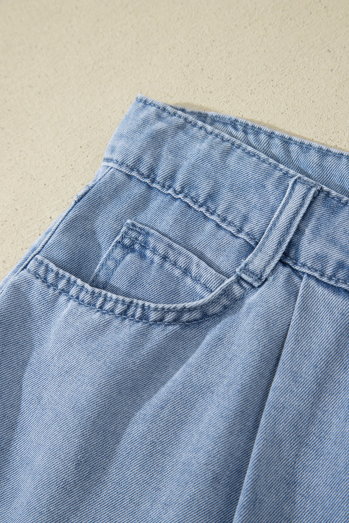 Myosotis Solid Color Scalloped Trim Casual Denim Shorts